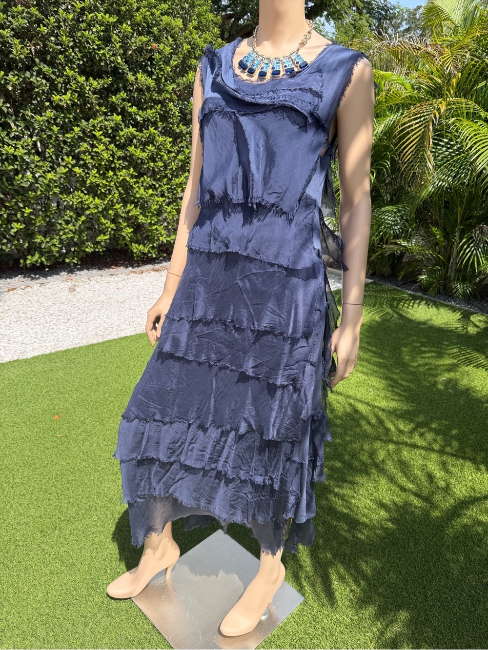 Tina Stephens Italy Navy Silk Raw Edge Ruffle Dress | Size L